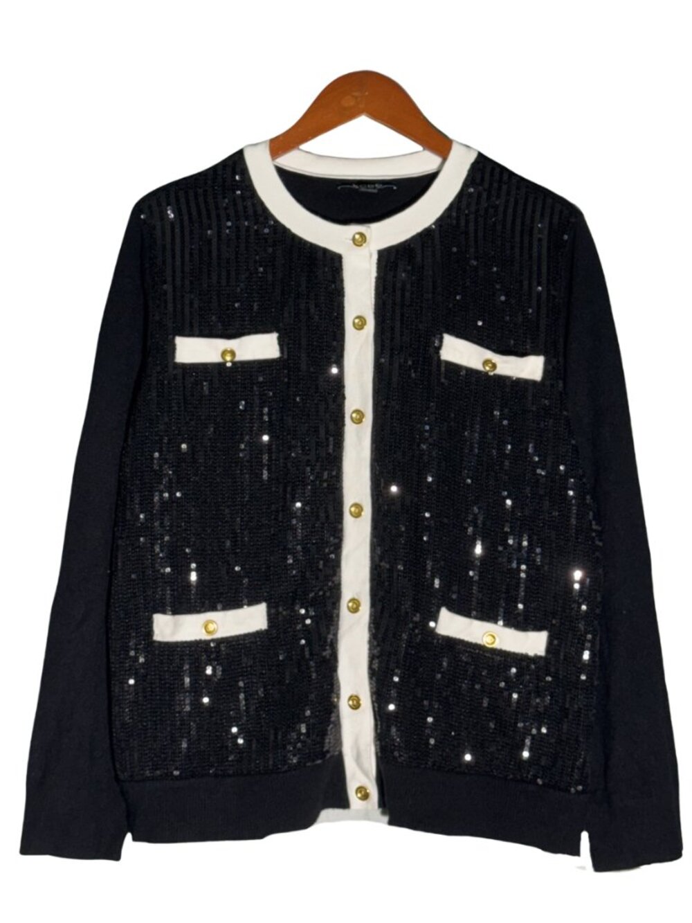 NEW BCBG Black Sequin Cardigan Gold Buttons Contrast Trim Sweater Jacket XL